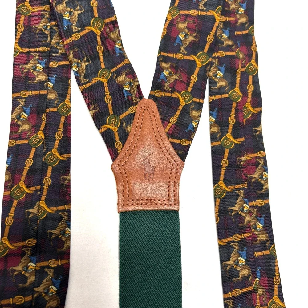 VTG Polo Ralph‎ Lauren Suspenders Horse Chain Print Equestrian Heritage Leather